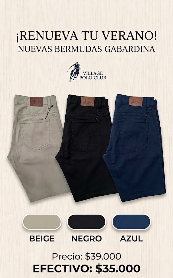 Village Polo Club — bermudas gabardina beige, negro y azul